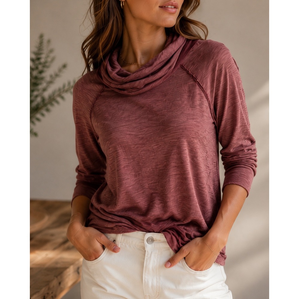 Free People Beach Womens Cowl Neck Slub Knit Pullover Top Rosewood Red One Body